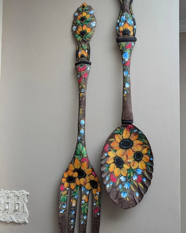 Sunflower Painted Wooden Utensils by Larysa