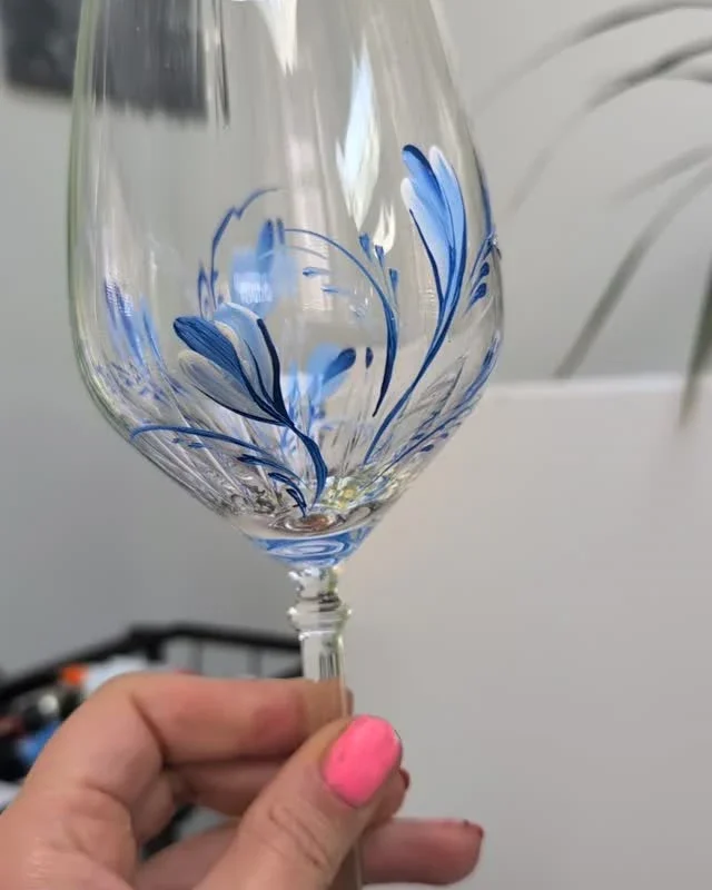 Blue Floral Wine Glass by Larysa