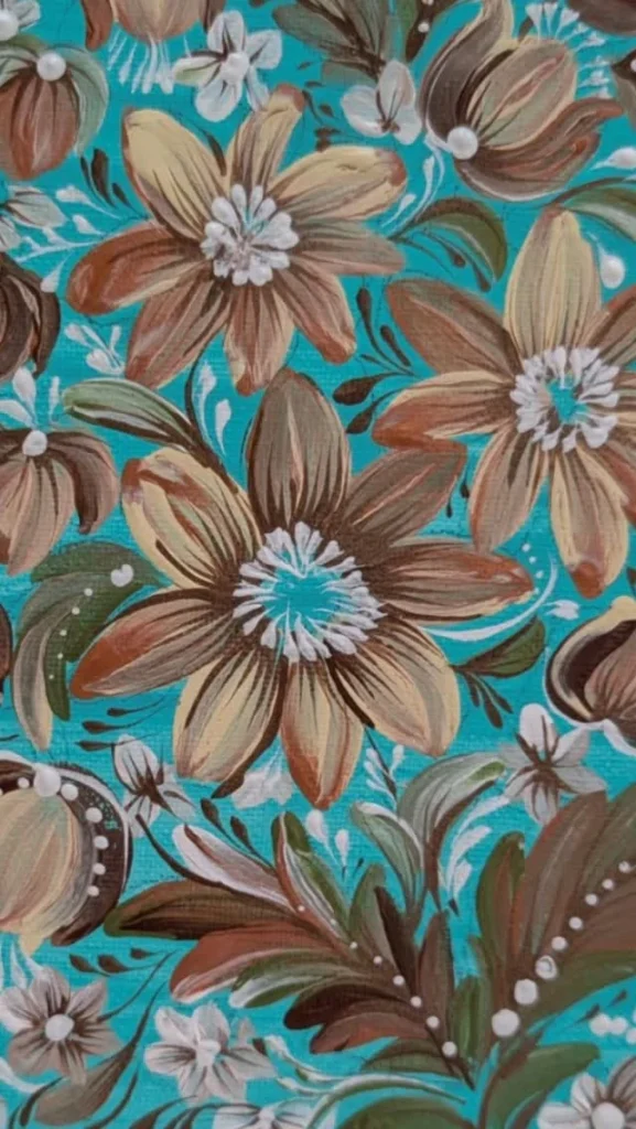 Teal & Brown Floral Painting by Larysa