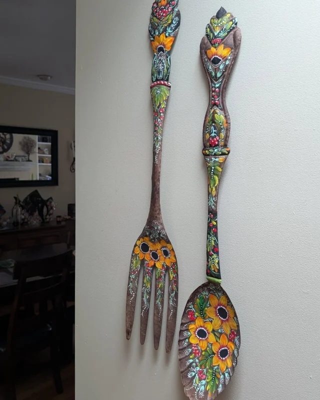 Blue & Yellow Painted Wooden Utensils by Larysa