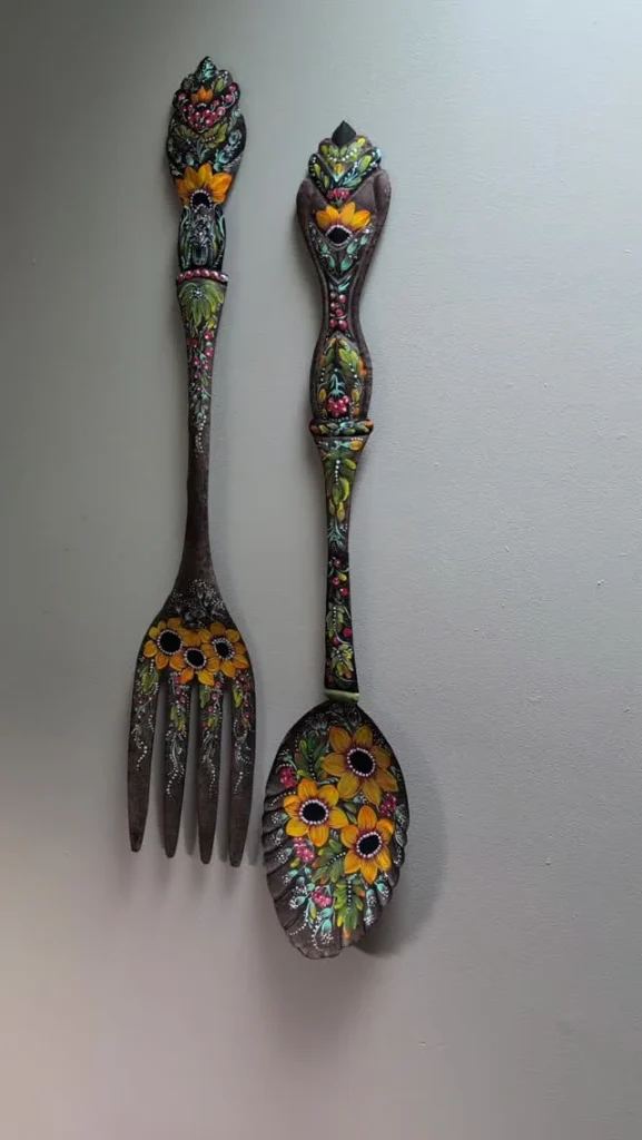 Blue & Yellow Painted Wooden Utensils by Larysa