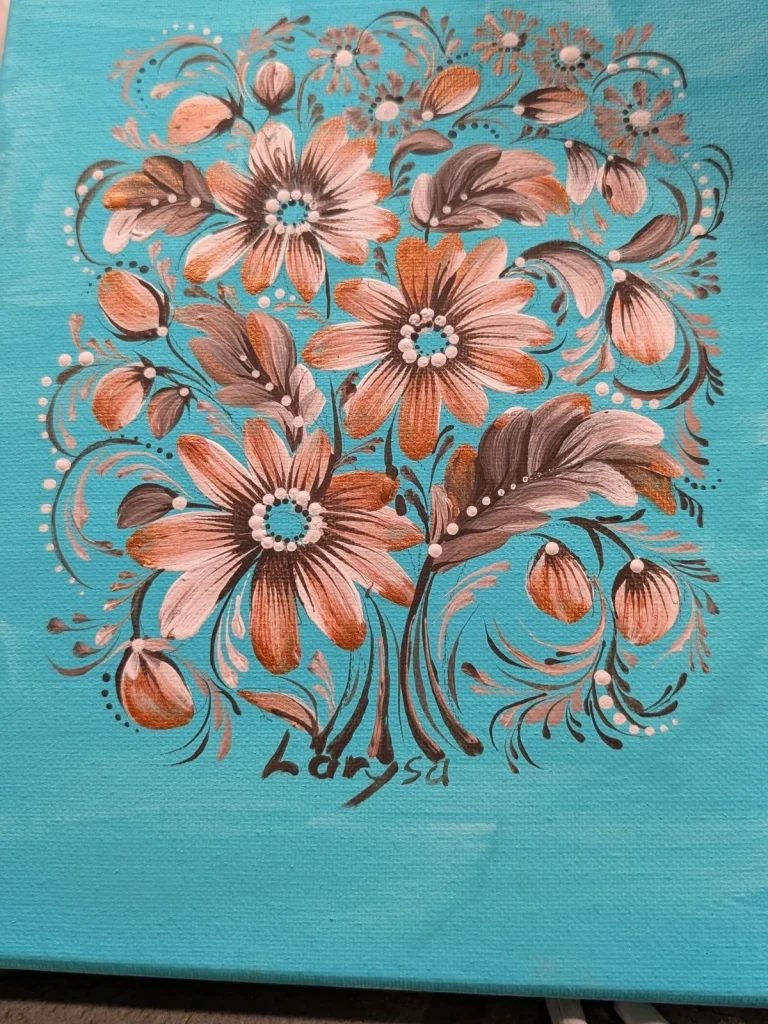 Teal & Brown Floral Painting by Larysa