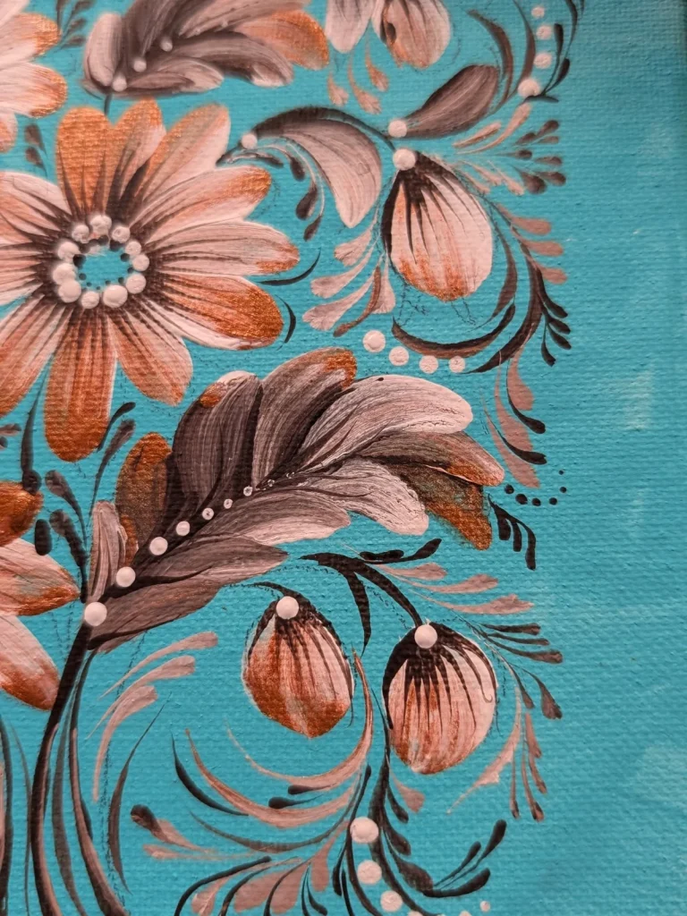 Teal & Brown Floral Painting by Larysa