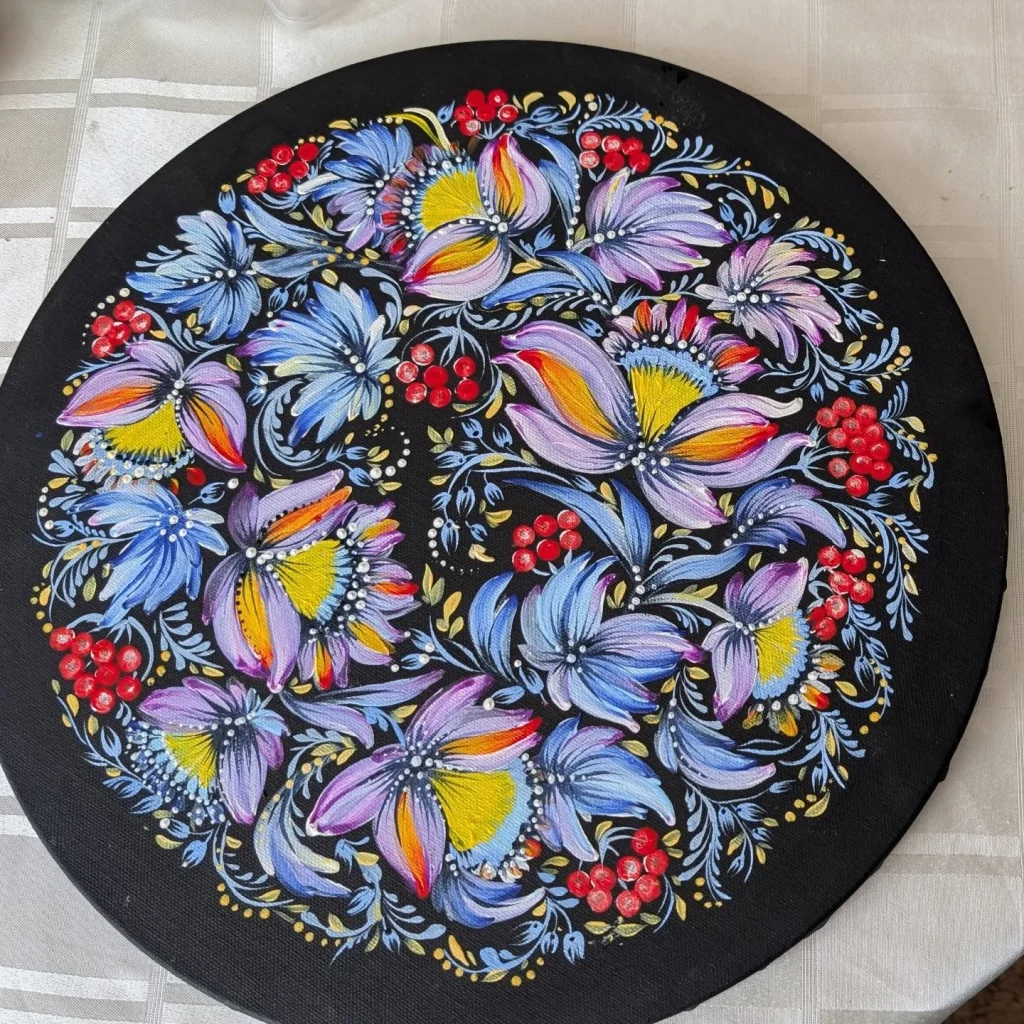 Blue Floral Round Painting by Larysa