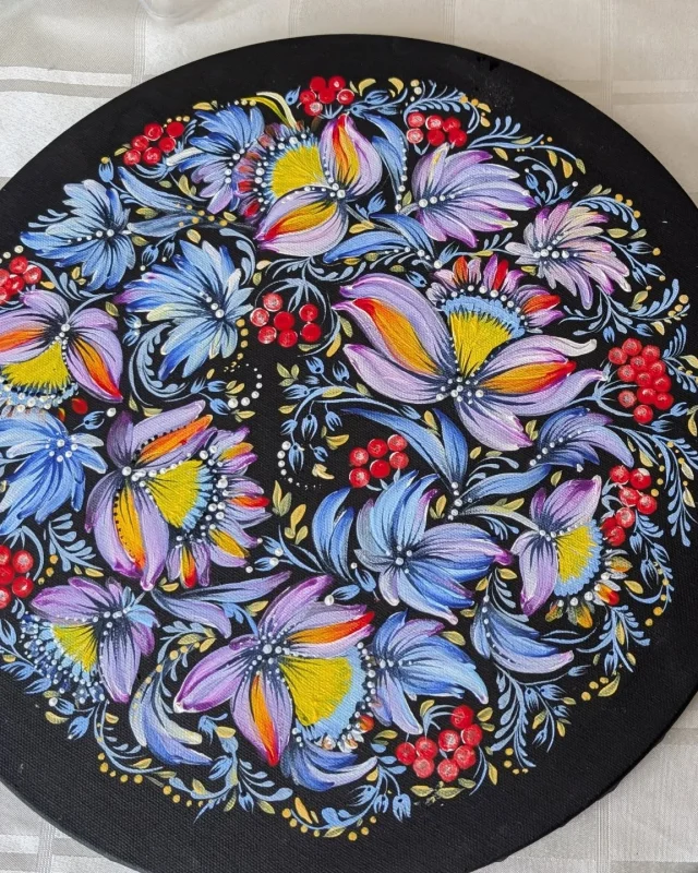 Blue Floral Round Painting by Larysa
