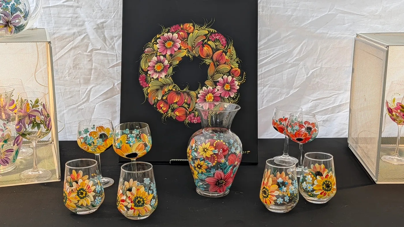 Petrykivka painted glassware collection with floral wreath canvas