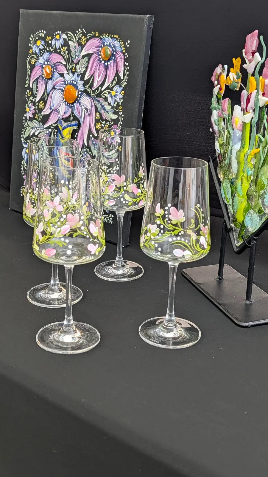 Glass fusion art and painted champagne flutes